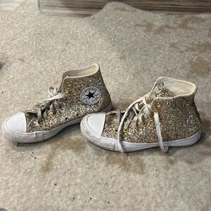 Gold sparkly converse high top women’s sneakers